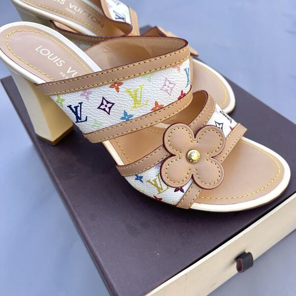Louis Vuitton Takashi Murakami white multicolor mules Heels size 38 US 8 Sandals - Picture 3 of 9